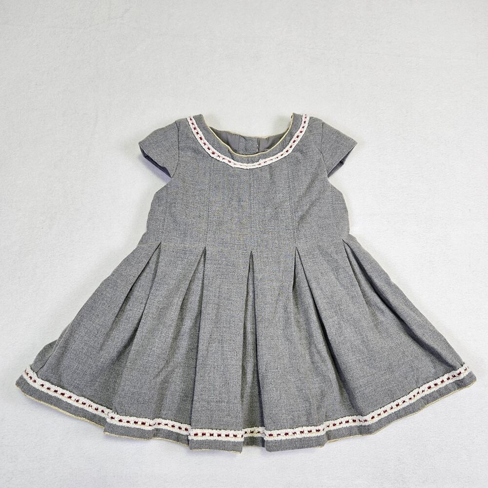 Tahari Baby Girl 3T Holiday Dress Gray Christmas Flannel Gold Cap Sleeve Party